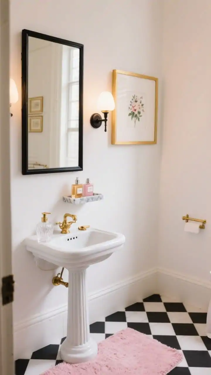 Medium shot from a slight corner angle of a Parisian Powder bathroom: bright white walls, black-framed medicine cabinet above a petite pedestal sink; black-and-white checker peel-and-stick floor tiles; feminine accents including a blush pink rug, fluted glass soap dispenser on the sink, and a small gold gallery-style sconce centered above the mirror; one petite floral print framed on the wall; mixed metals gold lighting with black hardware; a tiny marble perfume tray holding pretty bottles; soft, flattering warm light for a chic European feel.