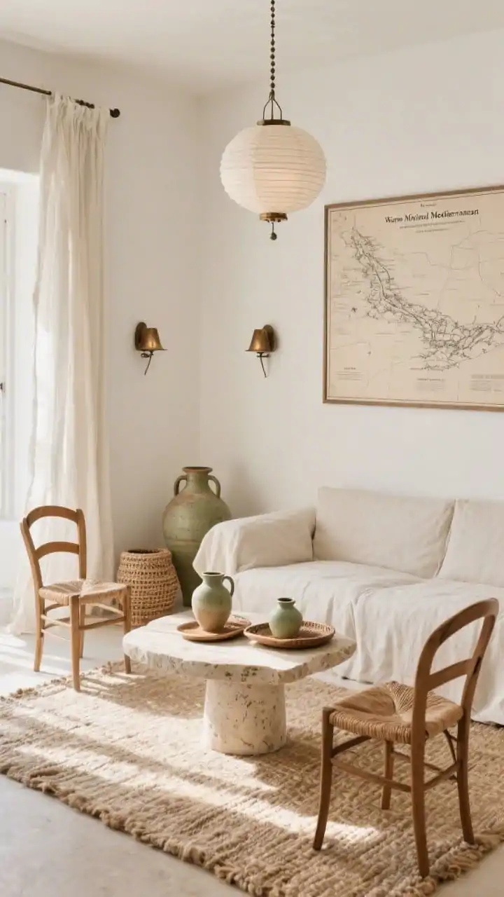 Medium shot from a sunlit corner: “Warm Minimal Mediterranean” lounge with bone-white limewashed walls catching light, a classic linen slipcovered sofa, and a travertine pedestal-style coffee table. Two rush-seated wooden chairs with curved backs flank the scene. A jute-and-wool rug underfoot, linen curtains flowing softly. Decor includes unglazed amphora vases, woven trays, ceramic pitchers, and a simple framed oversized line drawing (or vintage Mediterranean map) on the wall. Bronze sconce pairs add a warm glow, complemented by a paper lantern or beaded chandelier overhead. Palette of bone, sand, soft olive, hint of bronze. Airy, unfussy, photorealistic.