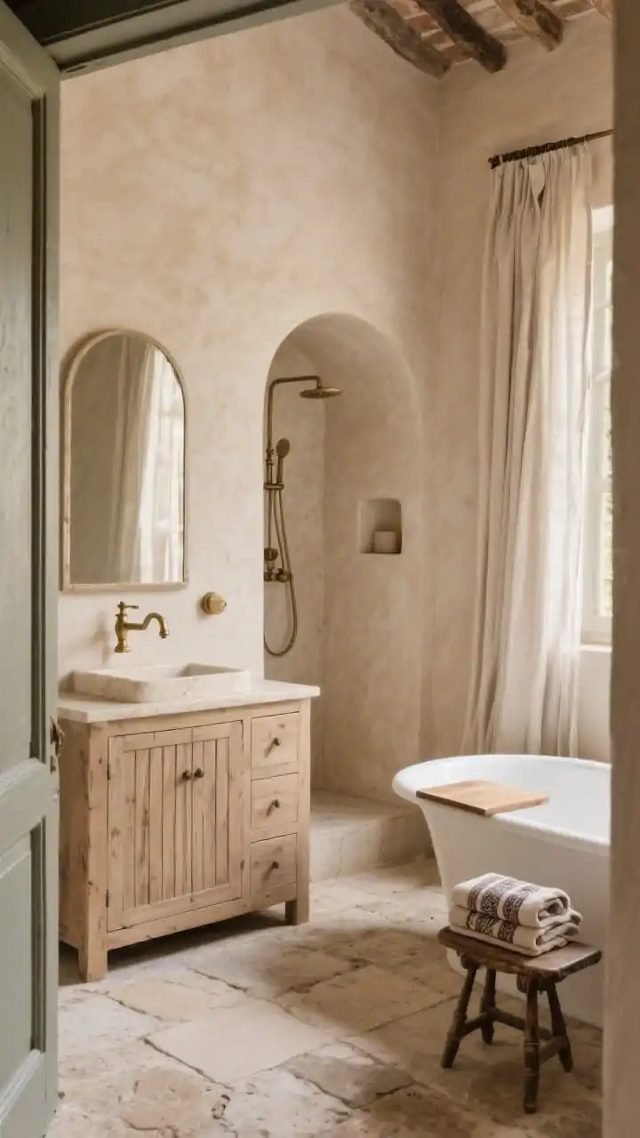 Medium shot from doorway of a European farmhouse spa: seamless tadelakt-style plaster walls and built-in niche shower in warm putty tone, aged limestone floor, reclaimed oak vanity with fluted drawer fronts, creamy travertine sink with wall-mounted unlacquered brass faucet, framed arch mirror above, linen café curtains softening natural light. At the side, a freestanding soaking tub with a simple oak bath board, folded Turkish towels, and a vintage stool as a side table. Photorealistic, serene, old-world texture.