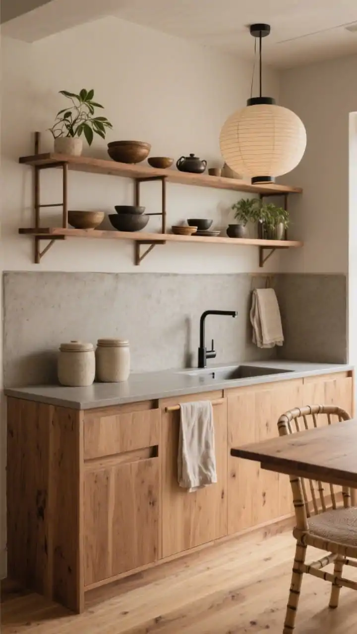 Medium shot highlighting an earthy Japandi kitchen wall: natural oak flat-front base cabinets, open grid wood shelving above displaying bowls, tea sets, and small plants, warm greige porcelain slab countertops with an integrated sink, matte black slim faucet, microcement backsplash adding soft texture, palette of sand, oat, clay with a touch of charcoal, wide-plank light oak/bamboo flooring for continuity, a single paper lantern pendant overhead, stoneware canisters and linen towels as accessories; serene, balanced, soft natural light, photorealistic.