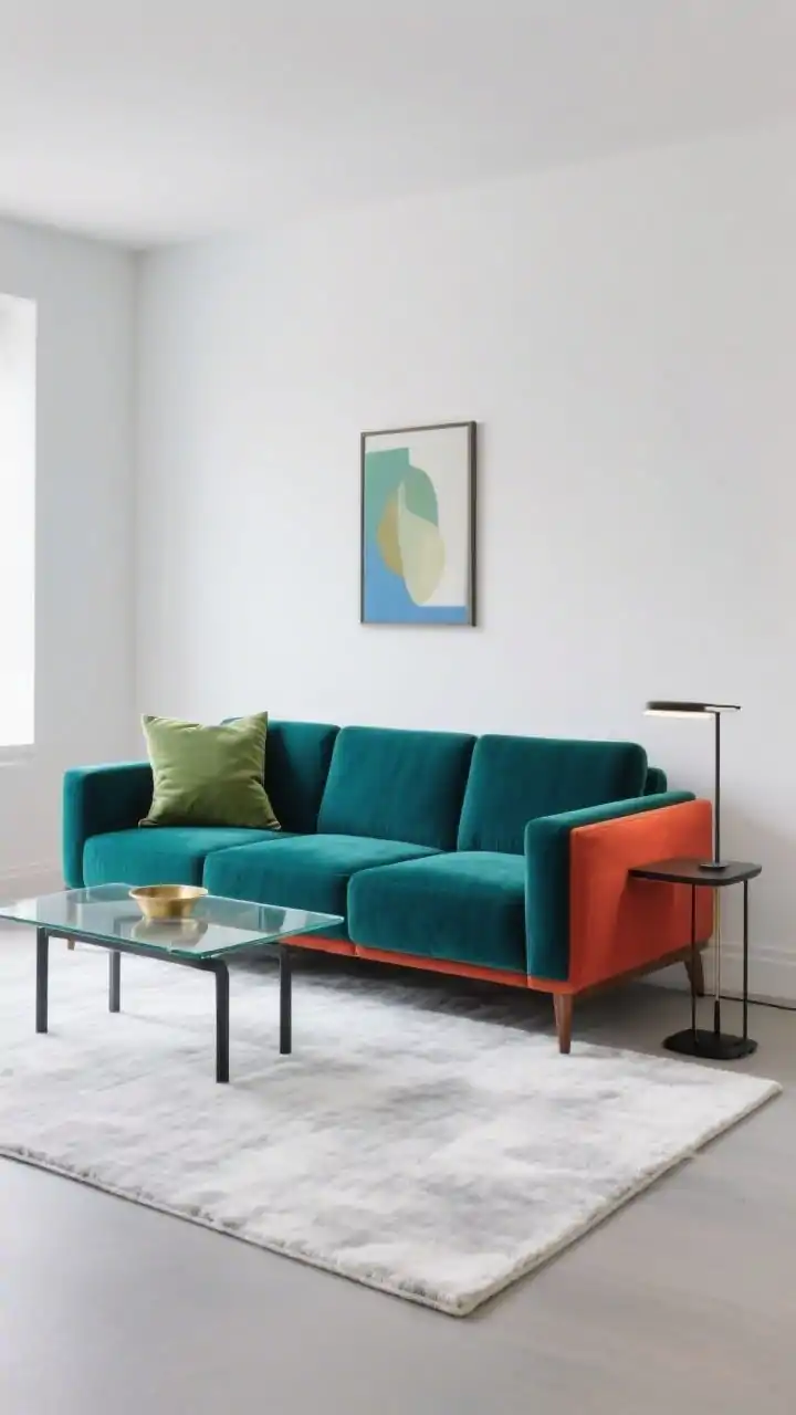 Medium shot highlighting bold color pop with modular seating: emerald, cobalt, or paprika modular/apartment-sized sofa as centerpiece, simple white or very pale gray walls and pale gray or white rug, glass or acrylic coffee table, slim black side tables, linear floor lamp; echo sofa tone exactly twice in one pillow and a single piece of wall art; accent materials coordinated (emerald with brass, cobalt with chrome, or paprika with walnut); crisp, modern lines, bright even lighting, photorealistic, straight-on.