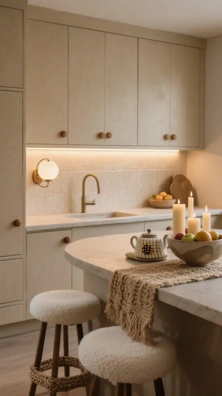 Medium shot “Hygge Hearth”: warm beige cabinets with subtle radius corners, a curved peninsula, tactile microcement-look countertop; calming beige tadelakt/limewash-finish tile backsplash; rounded wooden knobs, milk-glass globe sconce by the sink, dimmable under-cabinet strip lighting aglow; upholstered off-white bouclé counter stools; woven jute runner, chunky knit tea cozy, beeswax candles clustered near a sculptural ceramic fruit bowl; soft, touchable, low-sheen finishes; cozy evening warmth; no people.