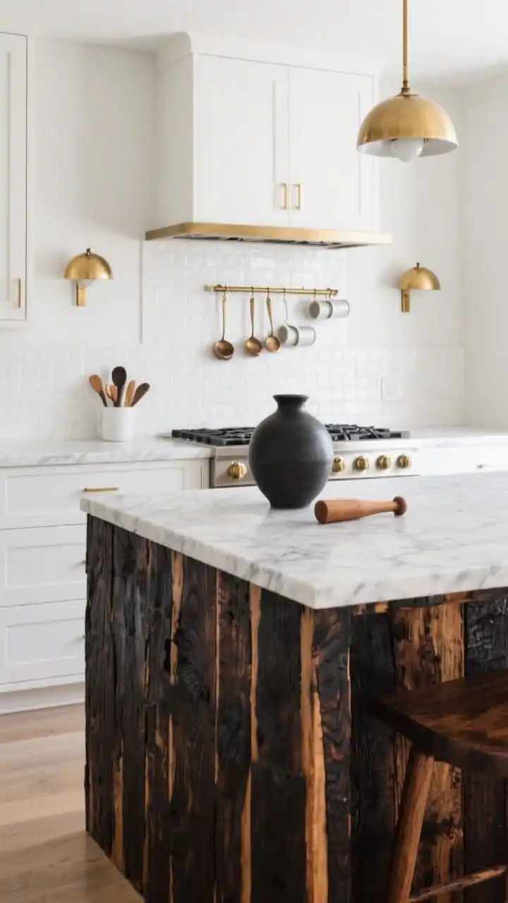 Medium shot, island focus: A bold-meets-soft Japandi kitchen featuring a shou sugi ban-style charred wood island base topped with a honed Calacatta-style slab. Surrounding soft white wall cabinets provide balance. A slim brass rail above a backsplash of white micro-tiles in a vertical stack holds ladles and mugs. Brushed brass fixtures and brass dome sconces flanking the range glow warmly. Minimal accessories: a single black clay vase and a wooden pestle on the counter. Clean lines, no clutter, photorealistic.