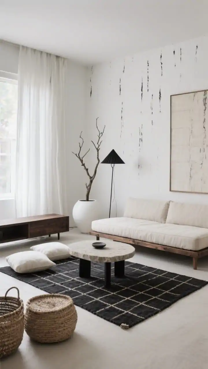 Medium shot, Japandi Calm Current: White limewash walls meet charred-wood tones in a serene setting; a low-profile futon-style sofa in natural linen sits atop a flat-weave black rug with a faint grid; a rounded-corner stone-top coffee table with black legs at center; a minimalist media bench in dark wood; a single branch in an oversized white vessel, a black paper lampshade, and off-white floor cushions arranged for grounding; linen curtains and handwoven baskets at the periphery; palette of warm whites, inky wood, and rice-paper neutrals; soft, diffuse daylight; photorealistic.