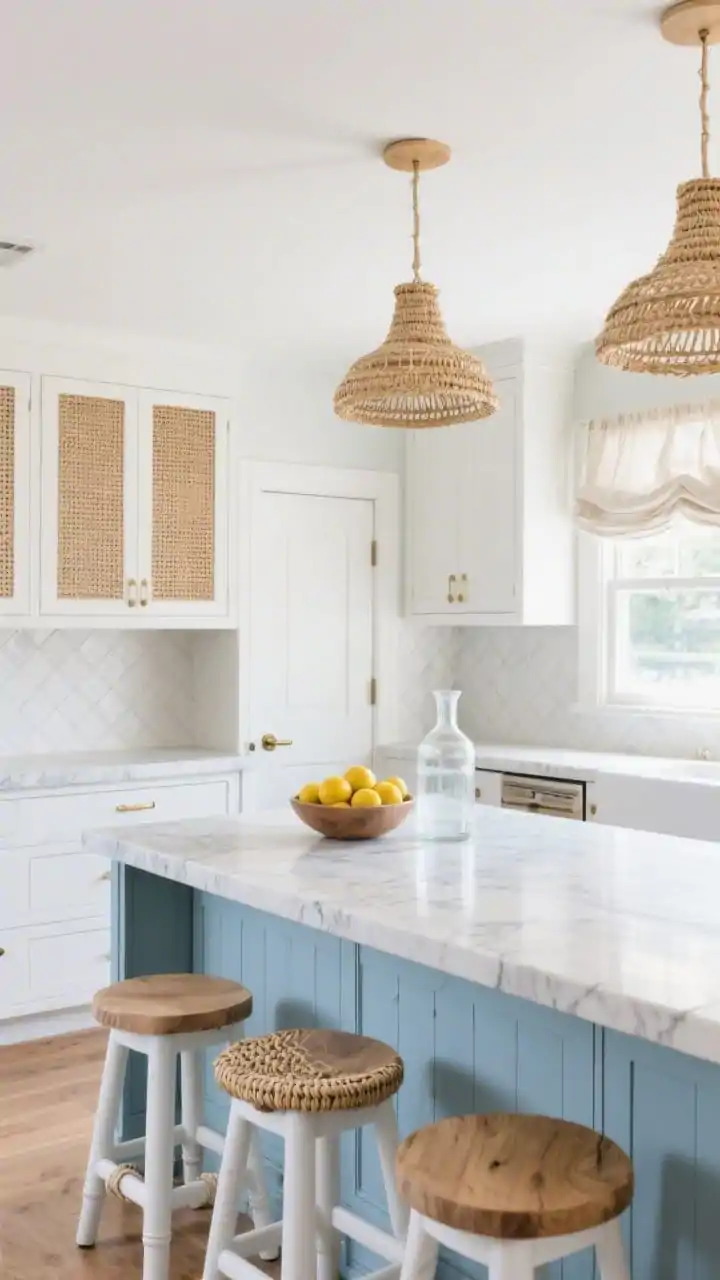 Medium shot “Lakehouse Light”: soft sky-blue lower cabinets, white uppers, Calacatta-look quartz counters with fine veining; white oak island, woven seagrass pendants overhead, caned cabinet inserts on a pantry door; matte white herringbone backsplash pattern; warm brushed brass minimal hardware; white oak stools with natural cord seats; bowl of lemons, glass carafe, airy linen roman shade filtering sunlight; bright, breezy retreat feel; no people.