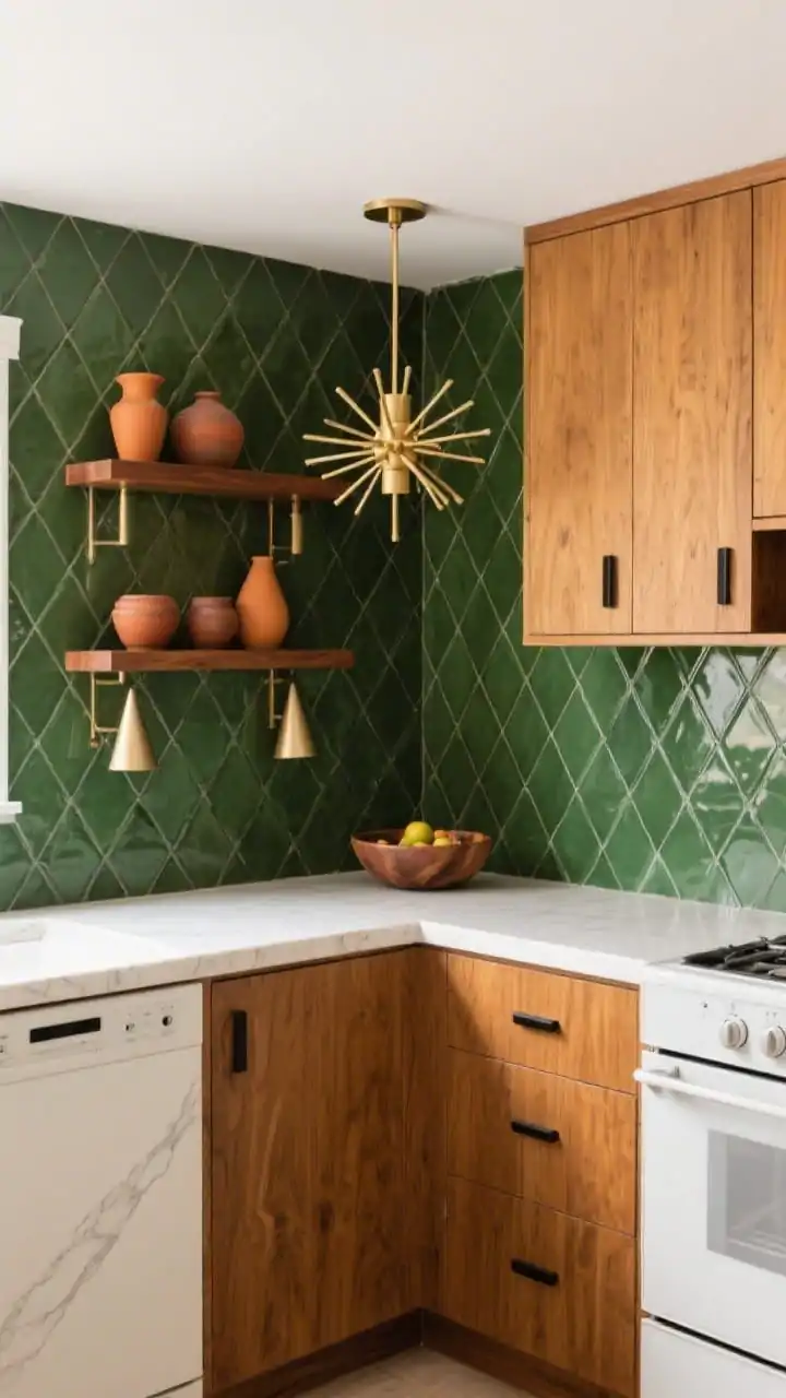 Medium shot, mid-century modern kitchen corner: olive green satin-finish diamond/hex backsplash tiles creating subtle motion, warm honey-oak slab cabinets with black finger pulls, thin-edge off-white porcelain countertop with faint veining. Include a brass Sputnik chandelier visible overhead and cone sconces by open shelves, a walnut floating shelf displaying ochre and rust pottery, matte white or panel-ready appliances for a seamless face, and a vintage teak fruit bowl; photorealistic, three-quarter angle.