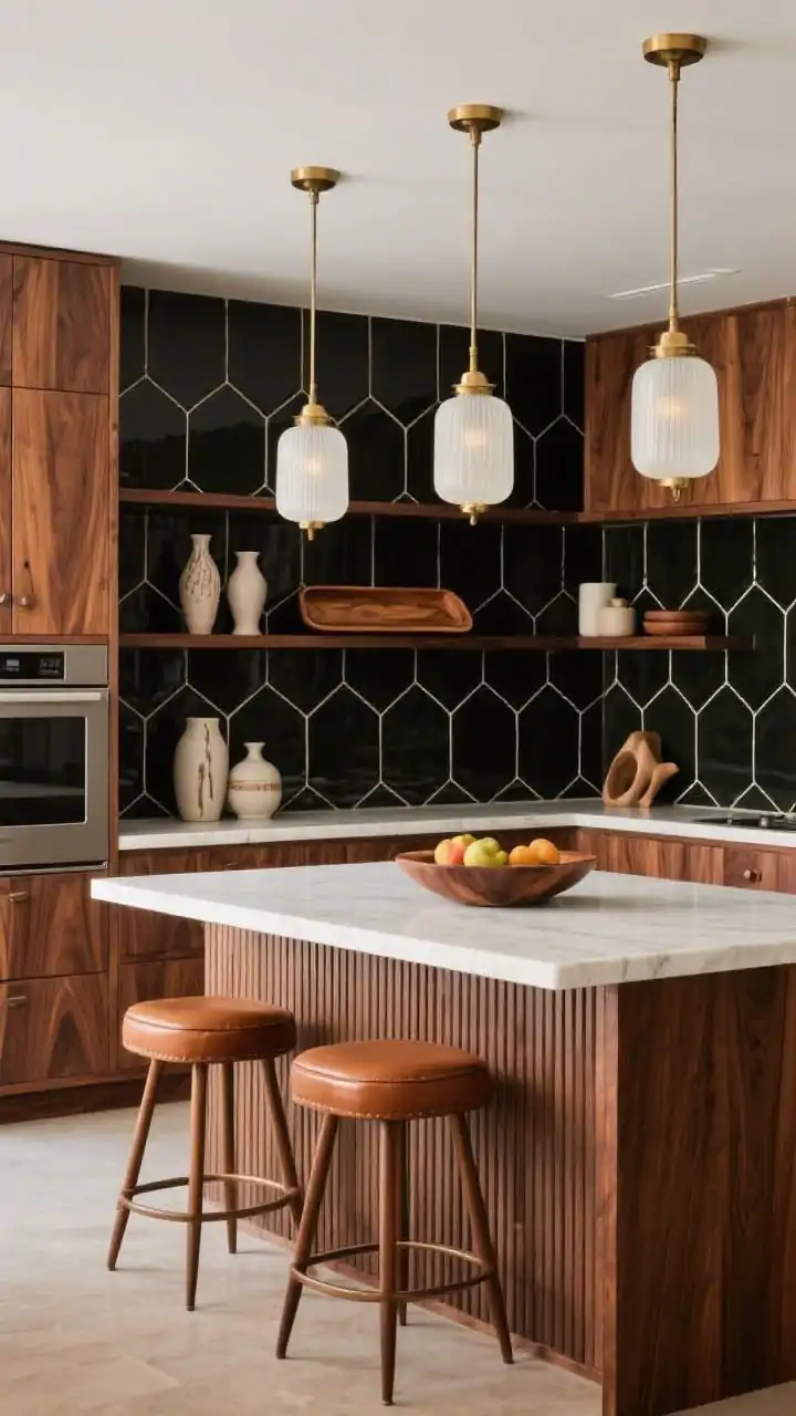 Medium shot, mid-century mood: a full-height satin-sheen geometric black tile (hex or repeating arc) behind floating shelves, creating a rhythmic backdrop; American walnut cabinets with pronounced grain; thin-edge white quartz counters; island with ribbed wood panel front; retro cognac leather stools with tapered legs; trio of opal glass pendants with antique brass stems casting warm, even light; panel-ready appliances blending in; decor: ceramic drip vases, vintage teak tray, sculptural fruit bowl; tailored and warm ambiance; three-quarter angle, photorealistic.