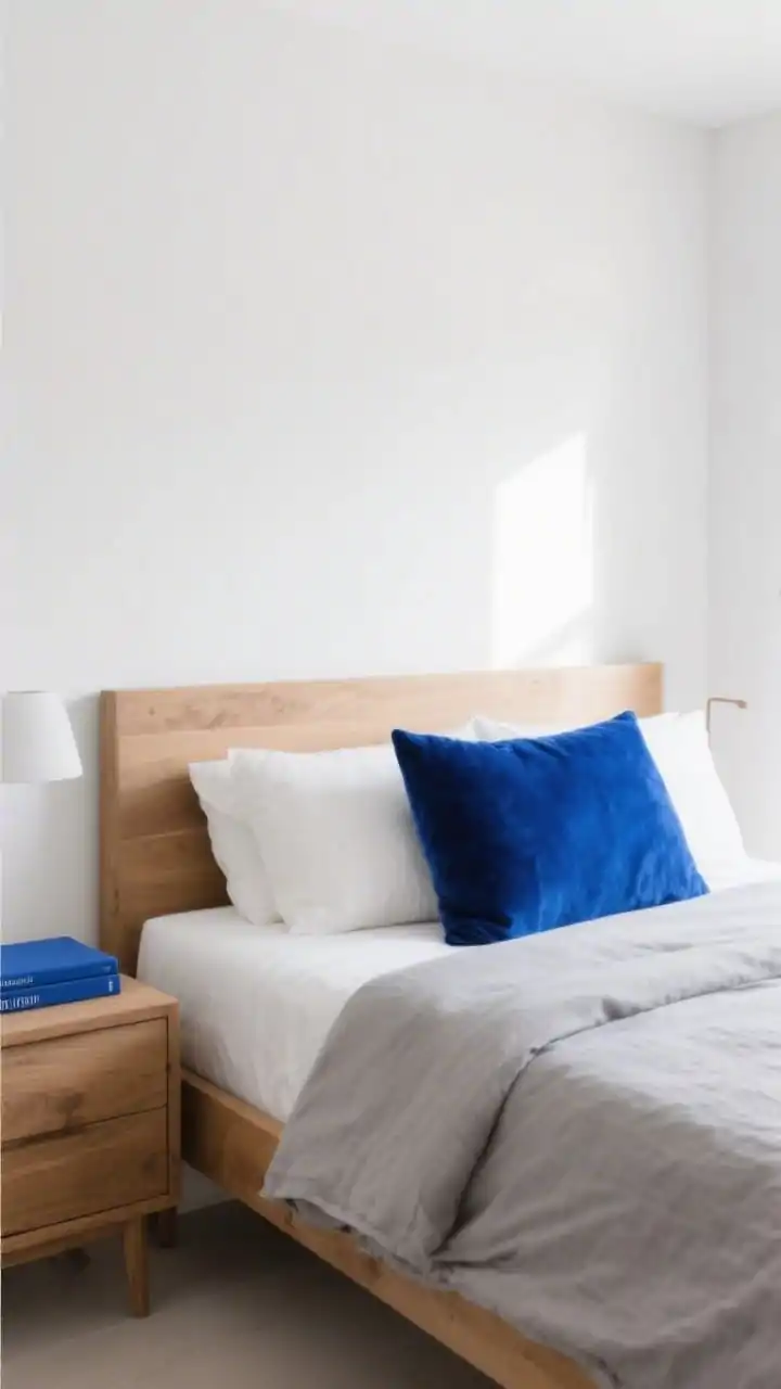 Medium shot, Minimal Modern Color Pop: soft white walls, simple oak bed, greige bedding creating a quiet base; one saturated accent as the hero cobalt velvet pillow centered on the bed subtly repeated as a cobalt-spined book on the nightstand; rest of decor pared back; natural daylight, clean lines, oak and white dominating; photorealistic, playful but restrained.
