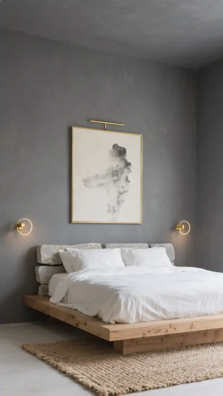 Medium shot, minimalist zen vignette: soft charcoal walls, pale oak low platform bed with layered stone and ivory bedding and linen duvet; tiny gold halo sconces flanking the bed providing restrained warm light; one large ink wash on textured paper in a thin gold frame above the headboard with a thin brass picture light; natural textures visible (linen, jute weave on a small rug, oak grain); limited gold only in lighting and frames; calm, airy negative space, photorealistic.