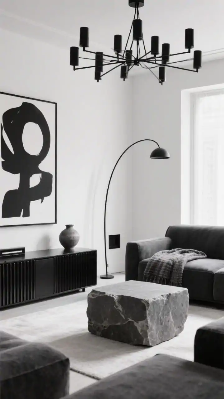 Medium shot, Modern Monochrome With Sculptural Drama: crisp white walls framing a charcoal sectional with razor-sharp lines, a black fluted media console reading like architecture, and a chunky stone cube coffee table; overhead a branching black chandelier acts as sculpture while a curved arc floor lamp sweeps over the seating; oversized abstract black-on-white art leans minimal; accessories pared back to a single ceramic vessel, a textured throw, and matte-black frames; matte finishes and honed stone textures emphasized; palette of white, charcoal, matte black, hint of stone gray; photorealistic, corner-angle view with controlled, high-contrast lighting to accent shadows.