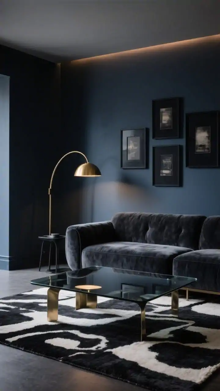 Medium shot, Modern Moody Lounge: a charcoal velvet sectional against deep ink blue/graphite painted walls; smoked glass coffee table reflecting dim, cinematic lighting; black-and-ivory abstract rug beneath; a brass arc floor lamp curving over a matte black side table; minimal gallery wall of black frames on the dark wall; dimmer-controlled warm lighting creating dramatic shadows; textures: velvet, smoked glass, metal, wool; palette: charcoal, ink blue, brass, black; photorealistic.