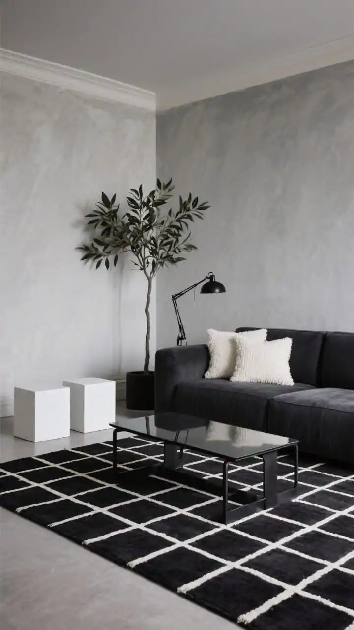 Medium shot, monochrome grid composition: charcoal sectional with a right-aligned chaise against a charcoal limewash accent wall for tone-on-tone drama. Thin rectangular coffee table in black powder-coated steel with a glass top, black-and-ivory grid rug grounding the scene. Pair of low white lacquer cube side tables flanking the sofa, black floor lamp with pivoting head. Tall fiddle-leaf or olive tree adds organic shape; off-white bouclé pillows soften edges. Sleek, tailored editorial mood, controlled studio-like lighting, straight-on view.
