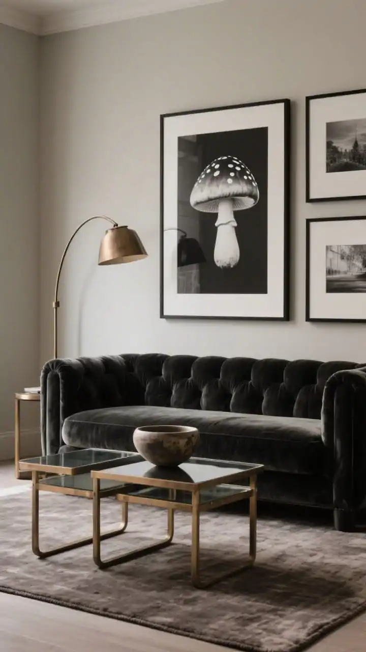 Medium shot, Monochrome Mushroom Velvet: a mushroom velvet sofa as the focal point; bronze-framed nesting tables with smoked glass tops; soft greige walls; oversized black-and-white photography in matte-black frames; silky low-pile rug in warm gray; bronze arc lamp with a parchment shade arcing over the seating; sculptural ceramic bowl on the coffee table; moody yet refined, depth without color, photorealistic.