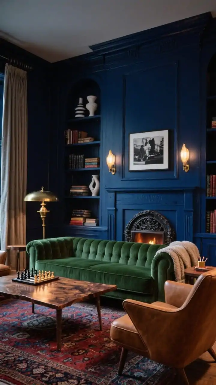 Medium shot, Moody Library Lounge focal wall: A dramatic built-in wall painted deep inky blue, wrapping around a vintage cast-iron fireplace insert; shelves styled with black-and-white photography, sculptural vases, and stacked hardbacks; a forest-green velvet sofa faces the fireplace, flanked by angled camel leather club chairs and a burled wood coffee table centered on a hand-knotted rug in muted reds and indigos; library sconces glow on the built-ins, complemented by a brass pharmacy floor lamp; blackened steel curtain rods hold heavy flax drapes; details include a chess set on a side table, a wool throw, and a match striker on the mantle; moody, cozy evening lighting with warm pools and soft reflections.