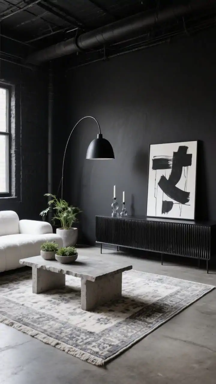 Medium shot, Moody Modern Loft: A living room with charcoal-black walls and industrial bones, grounded by a plush snow-white low-profile sectional; a black metal media console with fluted detail along one wall; an oversized matte black floor lamp arcing over a raw-edge coffee table; a vintage Turkish rug in dusty gray and off-white softening the concrete floor; concrete planters with greenery, a black-and-white abstract canvas leaning against the wall, and smoked glass candleholders on the console; palette of charcoal, snow white, and smoke gray; moody, directional lighting; photorealistic.