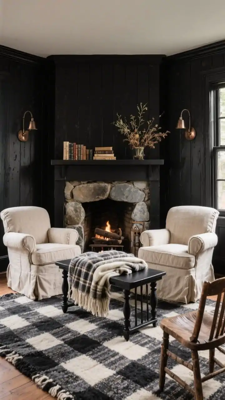 Medium shot, Noir Cottage With Stone Fireplace And Plaid Layers: A black-painted paneled room centered on a river stone fireplace, flanked by oil-rubbed bronze sconces casting warm light. In front: overstuffed oatmeal linen slipcovered armchairs facing a petite black spindle bench used as a coffee table. Layered charcoal-and-cream plaid rug underfoot, wool throws folded on the bench, an antique windsor chair tucked near the hearth. Add worn books and dried botanicals on the mantel. Angle: cozy corner angle toward the fireplace; textures of linen, wool, stone, aged wood emphasized.