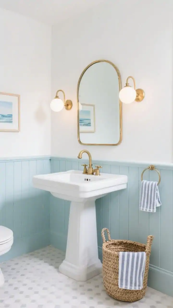Medium shot of a coastal powder room with soft powder blue beadboard on the lower half of the walls and bright white paint above, petite pedestal sink, brushed brass swan-neck faucet with petite lever handles, thin brass-framed mirror, double-globe vanity light casting a soft nostalgic glow, white penny tile floor with light gray grout, seagrass basket tucked beside the sink, striped Turkish hand towels, small coastal art print; clean, airy seaside vibe, photorealistic.