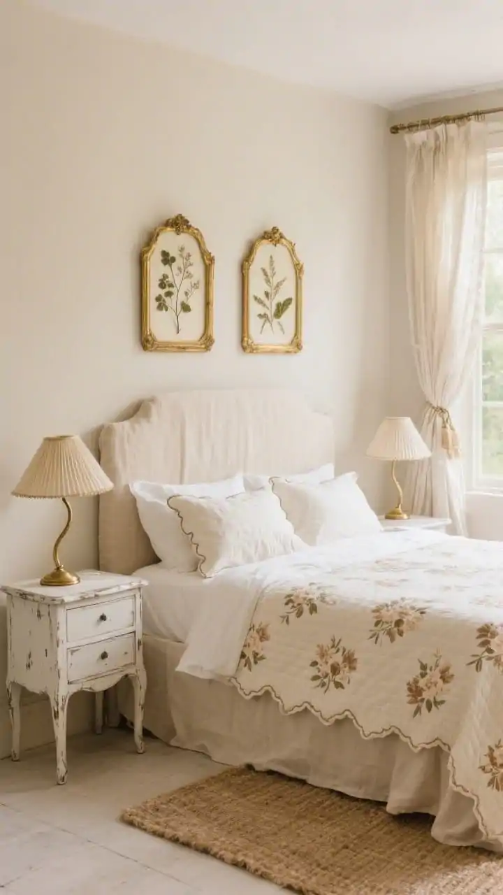 Medium shot of a French country neutral bedroom vignette: beige linen slipcovered headboard, distressed ivory nightstands with curved brass lamps and pleated lampshades; bed layered in flax linen bedding, a light floral quilt in cream and tan, and scalloped shams; above, vintage gold frames with pressed botanicals; sheer linen drapery with tie-backs framing the window; soft sisal rug underfoot; cream, flax, putty, antique gold palette; gentle morning light for a romantic, airy mood, photorealistic.