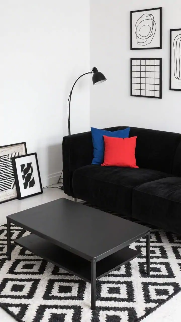 Medium shot of a high-contrast black-and-white studio-style corner: charcoal/black sofa against crisp white walls, geometric black-and-white rug, thin black-framed coffee table, matte black arc lamp, graphic decor including grid prints and abstract line art on the wall, one bold cobalt or crimson accent pillow for a punch of color, matte metal accents, thrifted frames spray-painted black for cohesion; sharp, tidy look with balanced shadows, photorealistic, angled corner perspective.