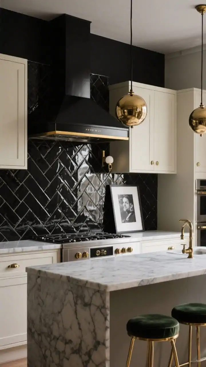 Medium shot of a moody Parisian-inspired kitchen wall: jet-black high-gloss glass herringbone backsplash, inky and reflective; creamy off-white inset cabinets; Calacatta marble (or marble-look) countertop with bold veining; antique brass hardware; lacquered black range hood with brass trim; petite bistro sconce above the sink; warm-brass-detailed globe pendants partially in frame; velvet counter stools with slim brass legs at the island edge; a framed black-and-white print leaning against the backsplash. Photorealistic, low warm lighting to enhance gloss and brass, slight corner angle.