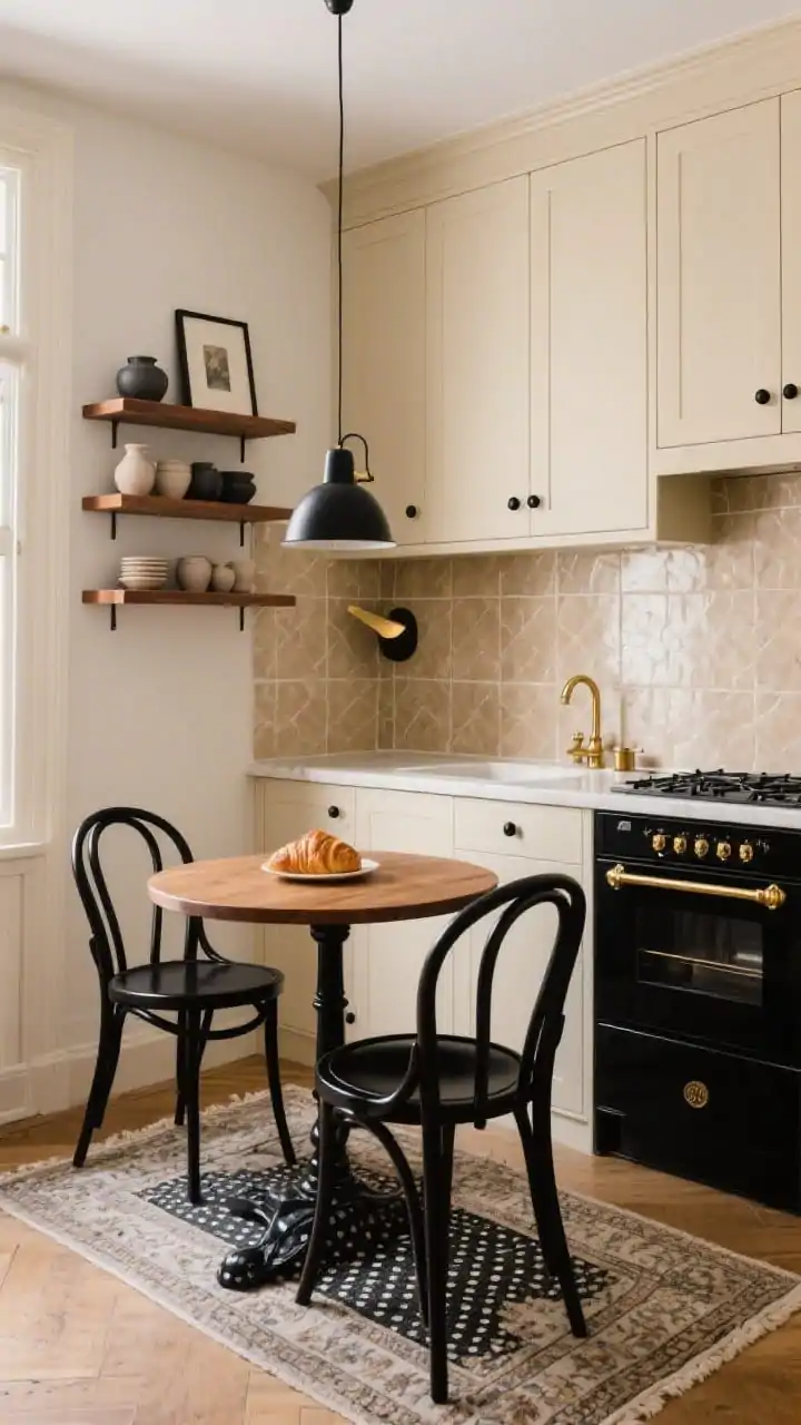 Medium shot of a Parisian noir cafe-inspired kitchen corner: creamy beige shaker cabinets with petite black knobs, black range with brass details, warm walnut open shelves stacked with matte pottery, mini beige zellige tile backsplash shimmering with subtle variation; a small round wood bistro table with two black bentwood chairs, dotted runner and antique-inspired rug underfoot; black sconce over sink and brass picture light over shelves; cozy morning light, croissant-on-weekend mood.