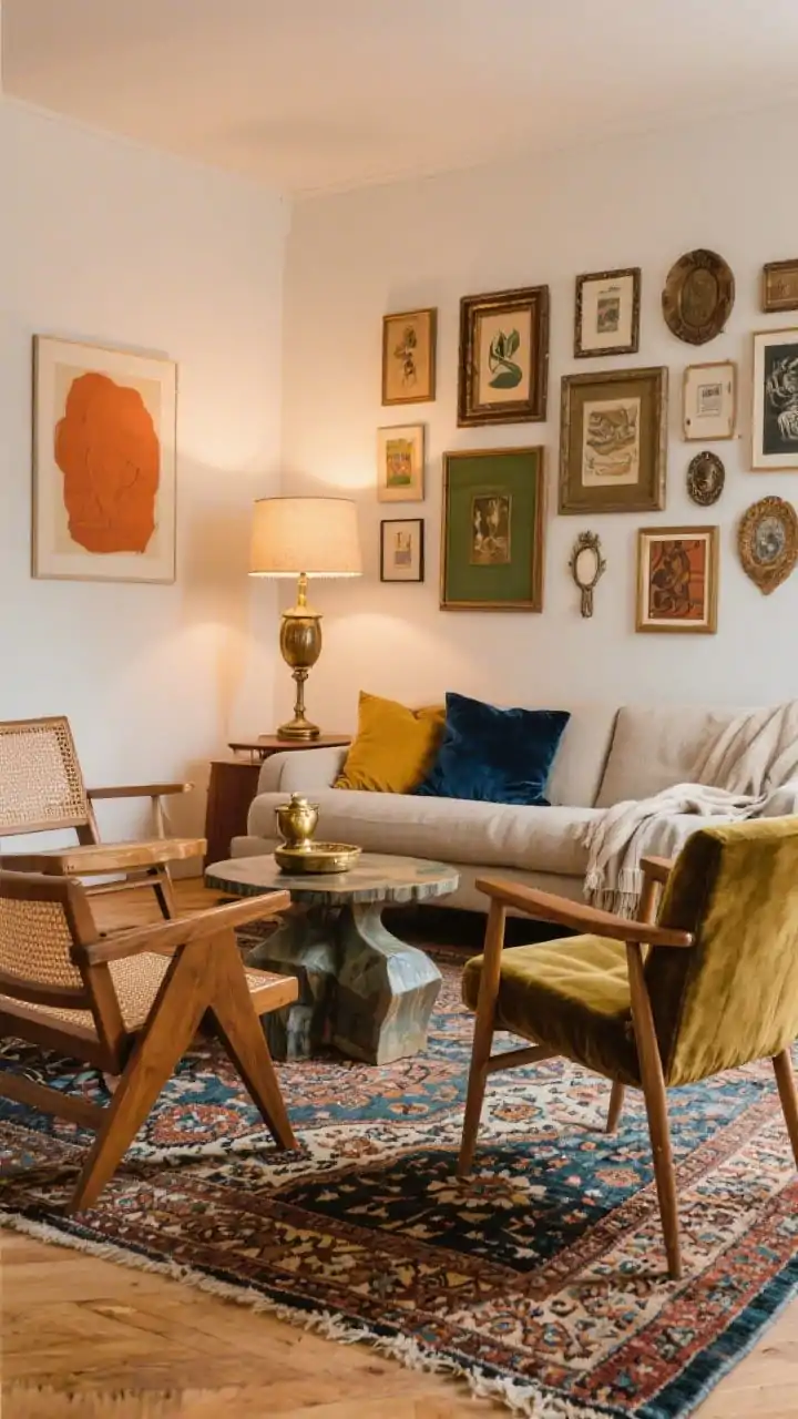 Medium shot of a vintage-modern eclectic setup: neutral sofa paired with two thrifted side chairs (one mid-century wood, one cane back or velvet with refreshed slipcover), patterned Persian-inspired or kilim rug, quirky coffee table, gallery wall of mix-and-match frames featuring art prints and flea market finds, color story of terracotta, olive, mustard, inky blue, textures of velvet pillows, linen throws, aged brass accents, vintage lamp with a new shade; layered and collected feel, warm ambient lighting, photorealistic, slight angle.