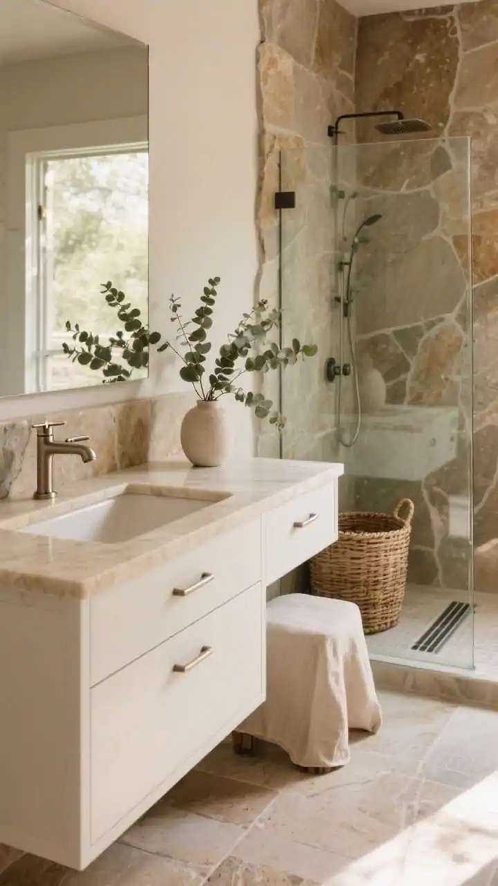 Medium shot of an earthy, calming bathroom vignette: white oak vanity with integrated pulls topped by a creamy quartzite countertop, slab stone backsplash running up the wall behind the sink, brushed nickel faucet and fixtures subtly gleaming, honed limestone-look slip-resistant porcelain floor, clear-glass shower enclosure with a linear drain in the background, styled cane baskets, a linen stool, and eucalyptus stems in a simple vase; warm, natural light, three-quarter angle.