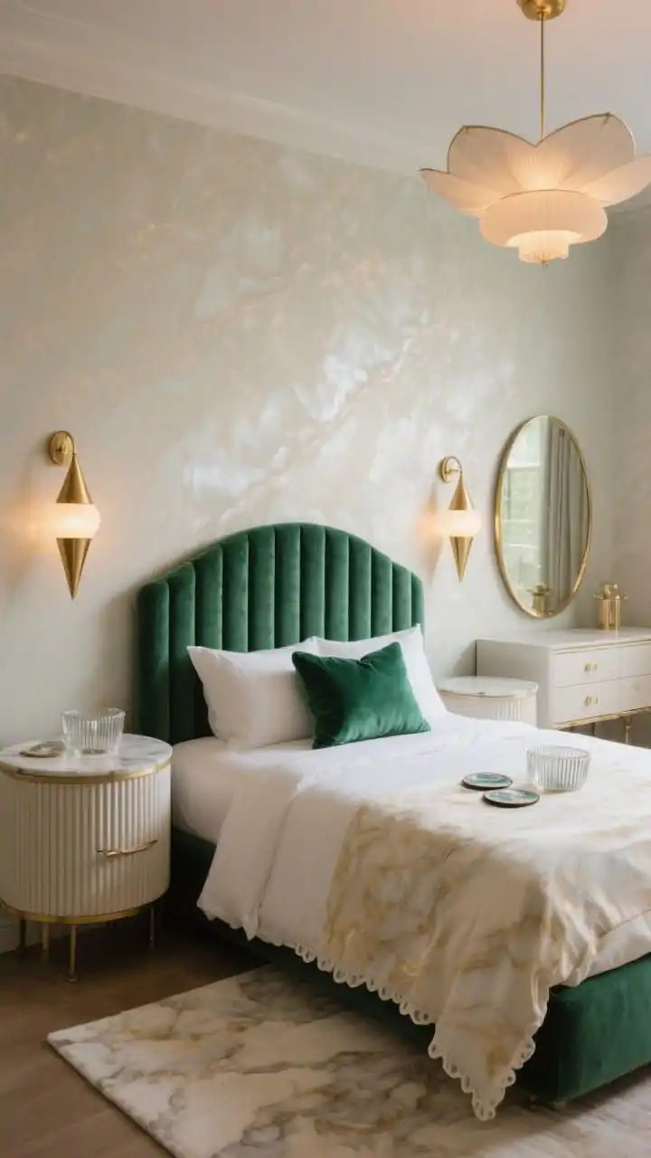 Medium shot of soft Art Deco glam: oyster walls with a subtle sheen, an emerald channel-tufted velvet headboard, and brass cone sconces glowing warmly. Demilune nightstands with fluted fronts, a slim dresser topped with a rounded mirror, and a petal-shaped pendant overhead. Cream art silk rug underfoot, scalloped velvet pillow on the bed, marbled coasters and a ribbed glass catchall styled on the nightstand. Gentle, jewel-like evening light emphasizing brass and velvet. Photorealistic.