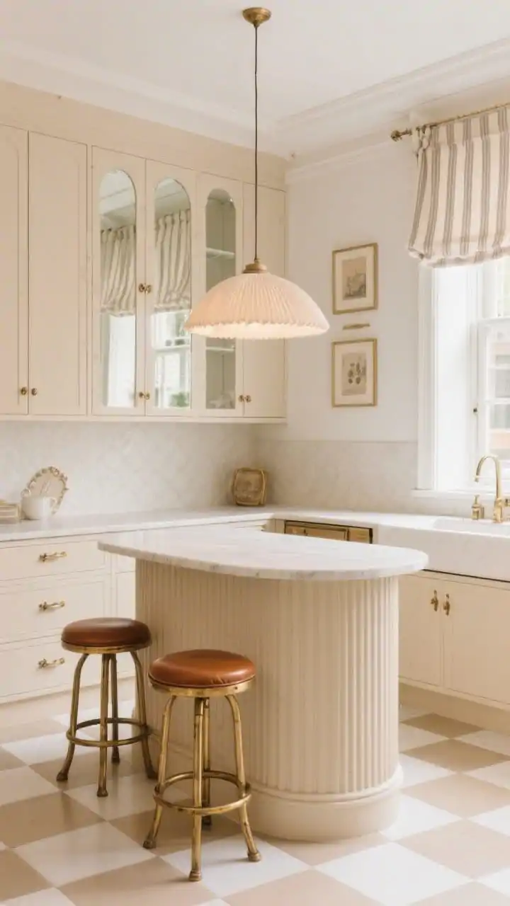 Medium shot, Parisian Cafe Beige: creamy beige shaker cabinets, beige-on-beige fluted island as focal point, small-scale beige and white checkerboard tile floor, aged brass hardware with gentle patina, antique mirror backsplash panels reflecting soft light, pleated linen pendant centered above island, two bistro stools with caramel leather seats, thin brass-framed art prints on wall and striped cafe curtains at window, warm white ambient lighting, vintage café glam vibe.
