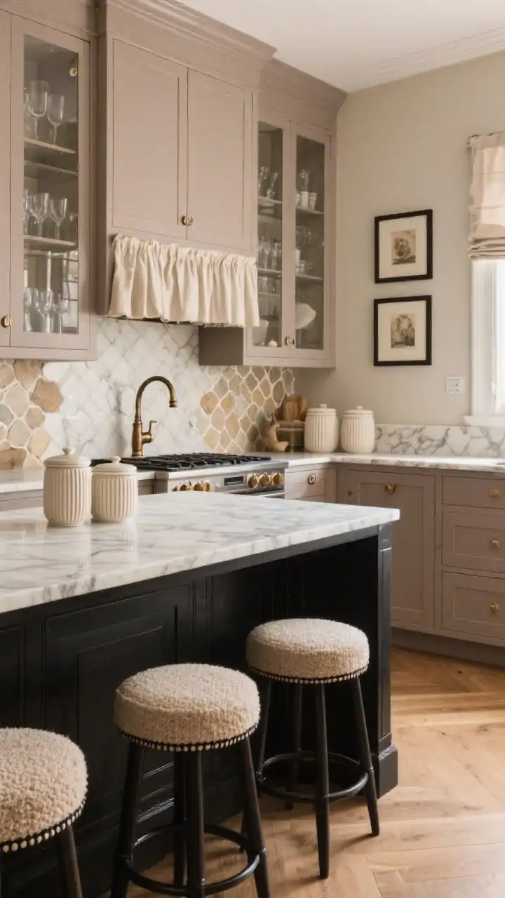 Medium shot: Parisian-inspired kitchen with mushroom taupe main cabinetry and a soft black island; warm greige walls forming a cohesive envelope. Calacatta-look quartz with warm veining; aged bronze faucet; reeded-glass uppers showcasing softly blurred glassware. Tumbled stone mosaic backsplash in beige and cream tones; medium oak floors with a slight satin sheen. Bouclé/tweed oatmeal stools with dark piping; accents of antique art in slim black frames, fluted ceramic canisters, and a linen Roman shade; understated luxury, photorealistic.