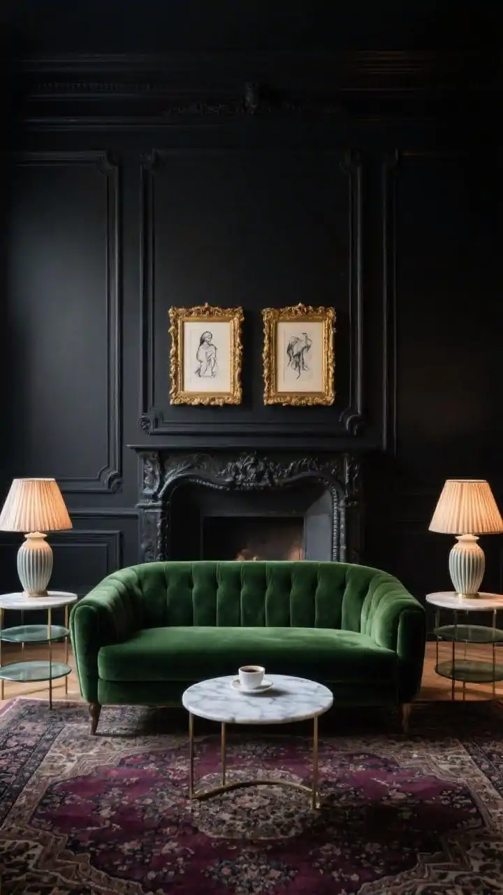 Medium shot, Parisian Moody With Mouldings, Velvet, And Gilded Frames: A moody space with black walls featuring raised mouldings, a deep green velvet sofa front and center. Above the mantel, a pair of antique gilded frames holding charcoal sketches. Underfoot, a vintage Persian rug in wine and ink tones. Smoked-glass nesting tables beside the sofa, fluted ceramic lamps with pleated shades providing layered warm light, and a delicate marble-topped side table with an espresso cup. Angle: straight-on toward the mantel for Parisian symmetry; materials velvet, marble, smoked glass clearly visible.