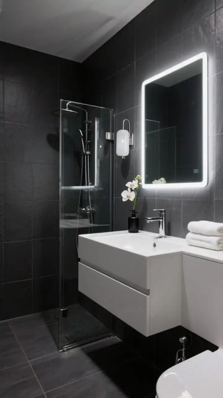 Medium shot, photorealistic: A dramatic charcoal small bathroom clad in large charcoal porcelain tiles with a satin finish on floor and shower walls. Contrast with a white high-gloss vanity and a large edge-lit mirror amplifying light. Polished nickel fixtures, a clear glass shower panel, and a simple wall sconce with opal glass. Tight accessories: black soap dispenser, a small orchid, and neatly folded white towels. Moody yet luminous lighting, high contrast, no people.