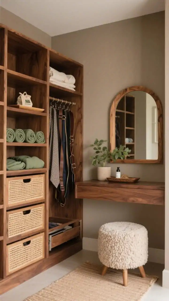 Medium shot, relaxed angle: A warm organic modern retreat closet featuring warm walnut shelves, soft taupe walls, and rattan-front drawers adding texture. Open cubbies neatly store rolled tees; a narrow pull-out pantry-style rack organizes belts and ties. A small arched oak-framed mirror leans casually, with a nubby bouclé stool and a sand-colored runner below. A small plant sits on the top shelf, and a tray holds a cedar sachet and linen spray. Colors: walnut, taupe, sand, eucalyptus green. Soft, serene lighting. Photorealistic, no people.