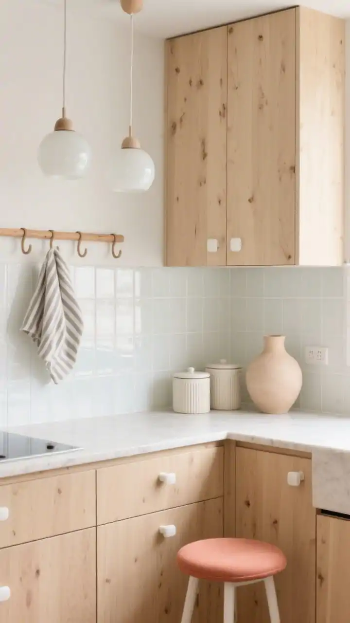 Medium shot, Scandinavian-bright kitchen corner: frosted white glass elongated rectangular tile backsplash creating a soft, milky glow; natural maple slab cabinets; buttercream quartz countertop; matte white pulls; opal glass dome pendants diffusing gentle light; simple oak peg rail with striped linen tea towels; ribbed ceramic canisters and a pale clay vase on the counter; a stool with coral/terracotta seat peeking in for a sunrise pop. Photorealistic, soft daylight, clean lines, straight-on view.