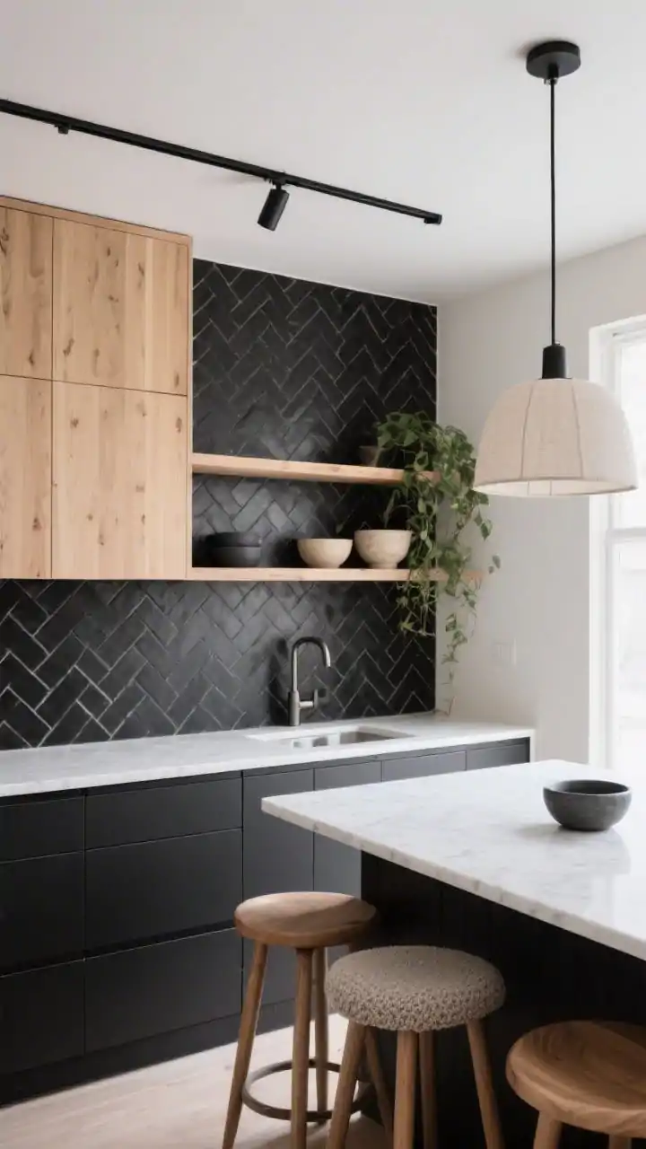 Medium shot, Scandinavian soft-modern: a matte black herringbone tile backsplash with low sheen and tactile texture; floating natural blond oak upper cabinets and deep charcoal lower cabinets; cloudy white quartz counters; slim profile sink; open oak shelves with oatmeal and charcoal stoneware bowls and trailing plants; slim black track lighting overhead and a linen drum pendant above the island; curved oak stools with boucle seats; soft natural daylight for a calm, bright, understated mood; three-quarter angle view, photorealistic.