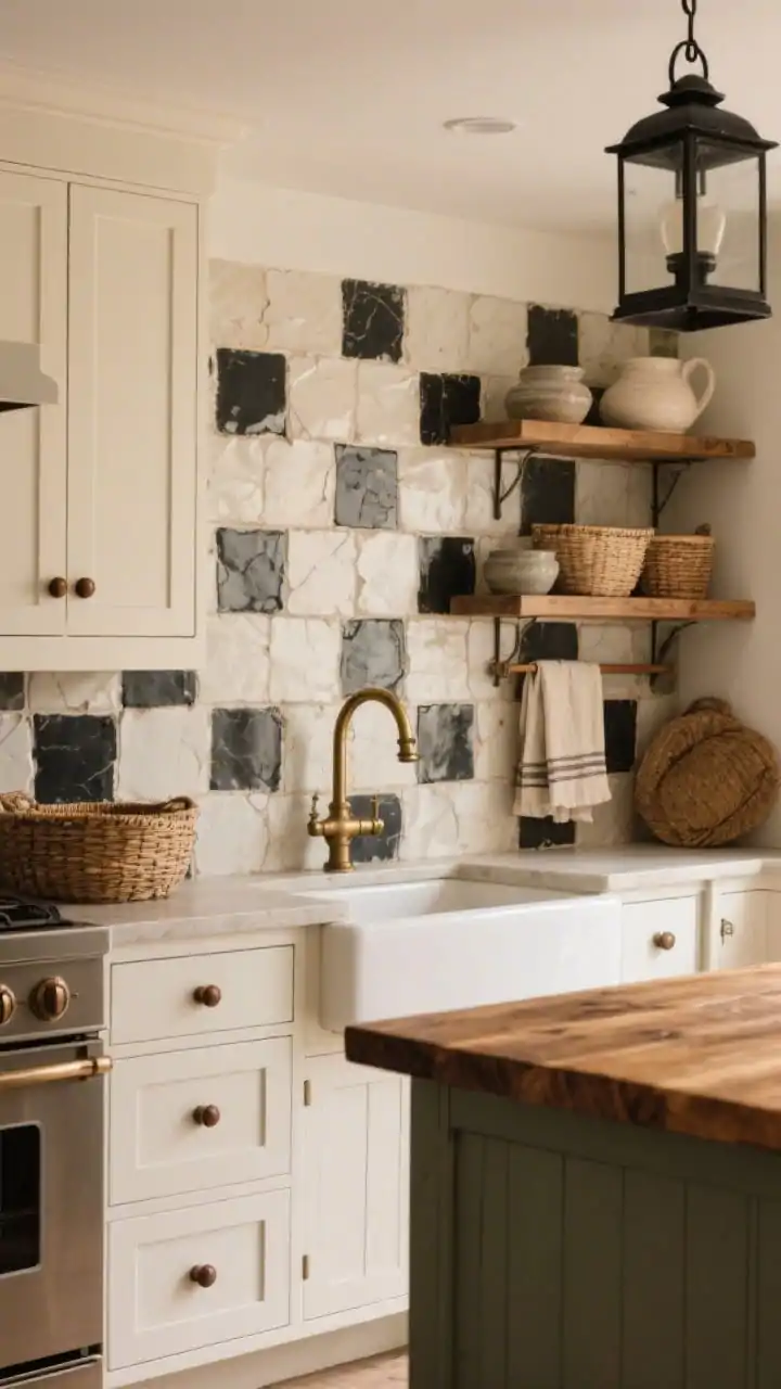 Medium shot, side angle: A warm farmhouse kitchen featuring a handmade zellige tile backsplash in a mixed array of soft white and inky black squares, showing natural shade variation and irregular edges. Ivory inset cabinets with oil-rubbed bronze knobs, an apron-front sink, and a vintage-style brass bridge faucet. A chunky maple island top and open wood shelves styled with stoneware, woven baskets, and linen towels. A black metal lantern pendant sets a cozy, rustic-meets-refined mood. Photorealistic, gentle ambient light.