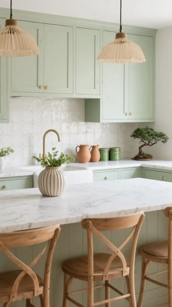 Medium shot, straight-on: A soothing kitchen vignette with sage-washed cabinets and a pale oak island. Off-white hand-pressed zellige tile backsplash with subtle glaze catching light. Paper-cord pendant lights providing warm texture. Honed Carrara countertops with soft veining. Wishbone-style chairs in natural oak tucked under the island. A ribbed ceramic vase with fresh herbs on the sink area, nearby clay pitchers, green tea tins, and a single bonsai on a floating shelf. Soft daylight, photorealistic.