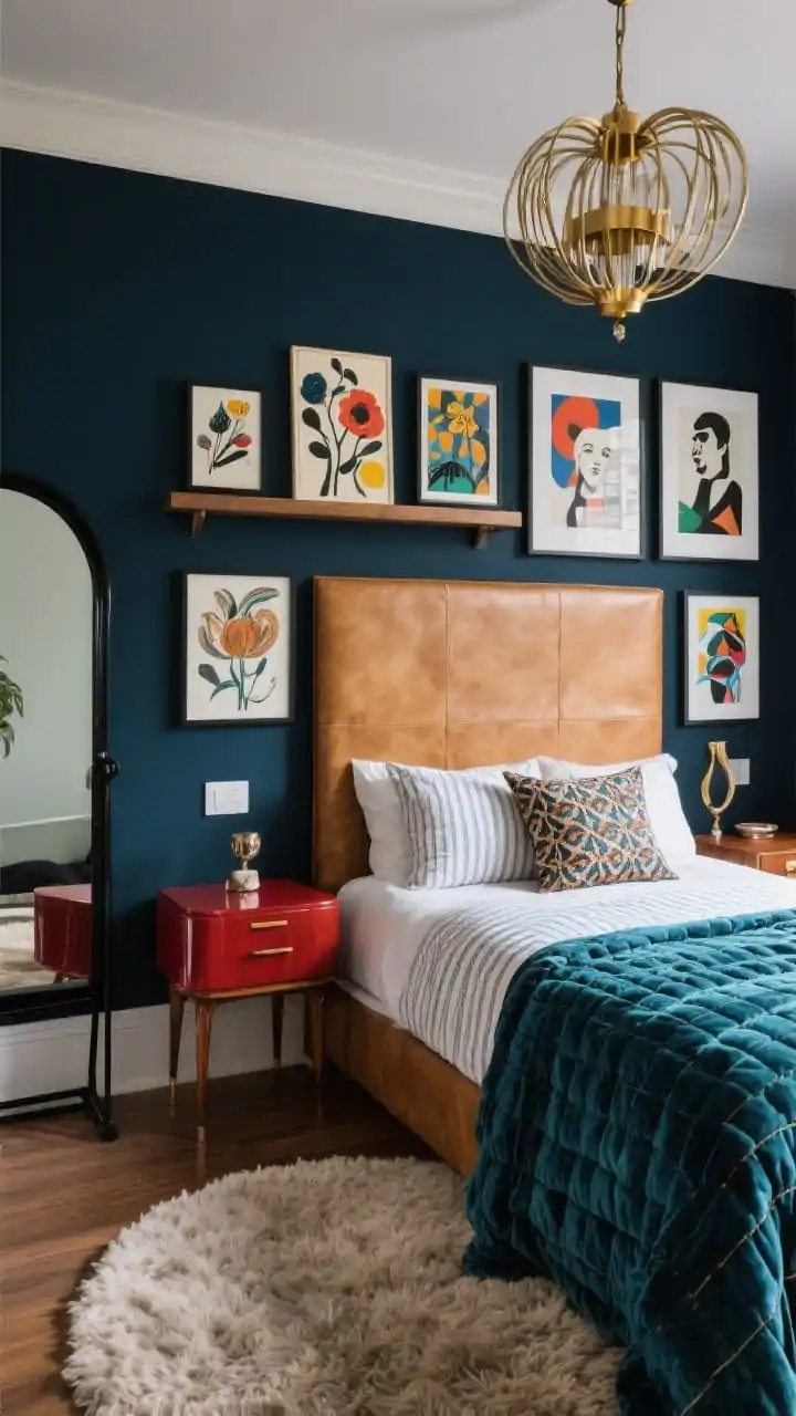Medium shot, straight-on: An art-forward eclectic bedroom with a tall camel leather headboard against midnight walls. Above and beside the bed, picture ledges display a curated mix of artwork on her side, abstract florals; on his, bold graphic prints arranged in balanced symmetry. Nightstands match in silhouette but not finish: one glossy oxblood, one walnut, each topped with minimal objects. A sculptural brass chandelier overhead, teal velvet quilt layered over pinstripe sheets with a patterned lumbar pillow. A round shag rug softens the scene, and a black-framed floor mirror leans in the corner, subtly expanding the space. Photorealistic, colorful yet balanced.