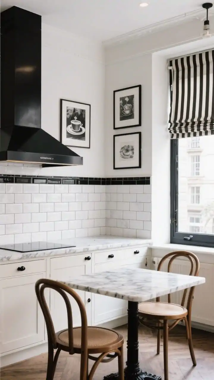 Medium shot, straight-on café vignette: Classic white subway tile backsplash in running bond capped with a sleek black picture-rail trim. Creamy white shaker cabinets with black cup pulls, a glossy black range hood above Carrera-look countertops. In the foreground, a marble-topped bistro table with bentwood chairs; black-and-white café art on the wall and a striped Roman shade in the window. Photorealistic, soft daylight with a refined Parisian ambiance.