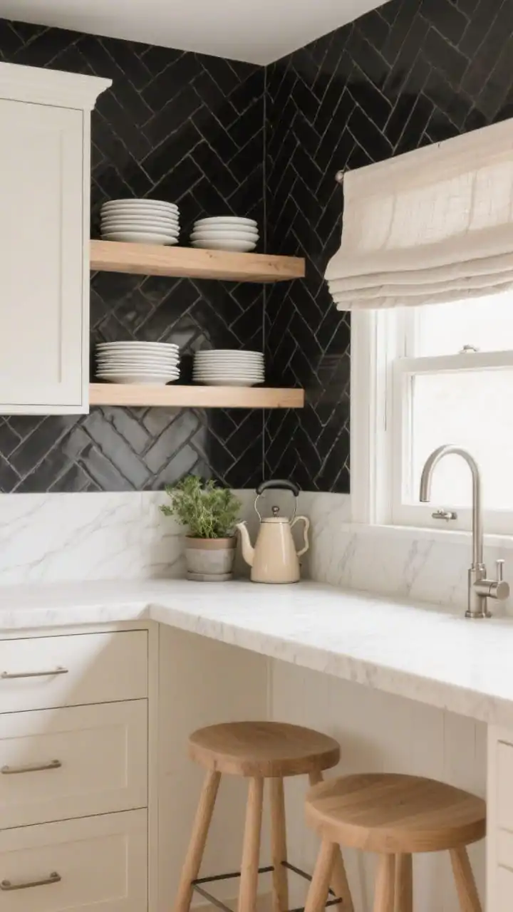 Medium shot, straight-on, highlighting matte black herringbone tiles rising to the underside of pale ash wood open shelves. Surround with cloud-white cabinets, light birch bar stools, and a buttercream quartz countertop with gentle veining. Add a linen roman shade at the window and slim brushed nickel pulls. Style shelves with stacks of white plates, a small herb planter, and a sand-colored kettle. Photorealistic, Scandinavian light with graphic contrast.