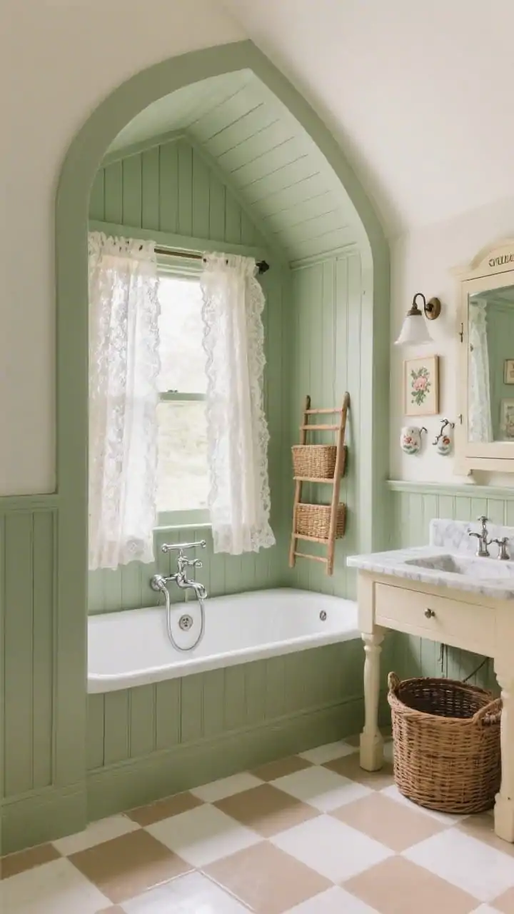 Medium shot, straight-on into alcove: Cottage charm bathroom with a curved alcove tub tucked into a dormer-style niche framed by arched tongue-and-groove paneling painted sage green; lacey cafe curtain filtering daylight; vintage schoolhouse sconce above a petite cream vanity topped with marble; checkered porcelain floor in warm white and soft taupe elongating the room; polished chrome bridge faucet with porcelain levers, ladder shelf with woven bins, mirrored wall cabinet, floral art prints, ceramic hooks, wicker hamper; cozy, nostalgic mood, photorealistic.