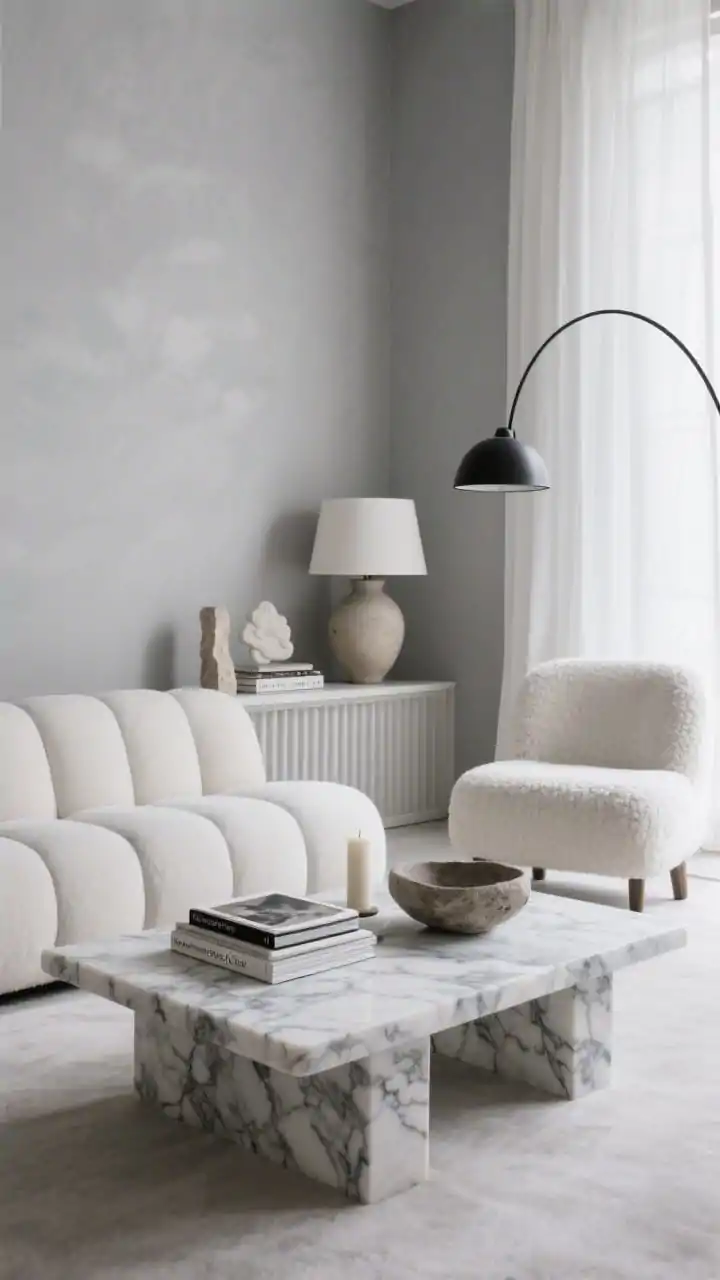Medium shot, straight-on: “Monochrome Stone & Cloud” scene with soft gray walls and a pale-dove, cloud-like modular sofa. Centered honed stone coffee table (soapstone/marble) with gentle, landscape-like veining. Gauzy white drapes filter light; a boucle accent chair sits adjacent. A minimal fluted console breaks linear monotony in the background. Accents: oversized ceramic table lamp, travertine bookends, small plaster art. Coffee table styled with a stack of art books, a rough-hewn bowl, and a single sculptural candle. Palette whispers of white, dove, fog gray, with a pinch of graphite via a black steel arc lamp. Ethereal, quiet, highly photorealistic.