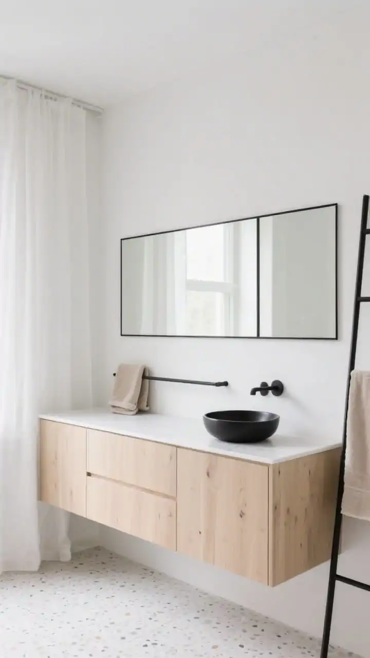 Medium shot, straight-on: Nordic minimalist vanity wall with blonde ash handleless cabinetry, a white quartz countertop, and a matte black vessel sink. Snow-white walls, a thin black ladder towel rail leaning beside the vanity, and a long linear black-framed mirror above. Pale terrazzo flooring underfoot, oatmeal towels and a soft linen shower curtain adding texture. Bright, diffuse Scandinavian daylight; photorealistic.