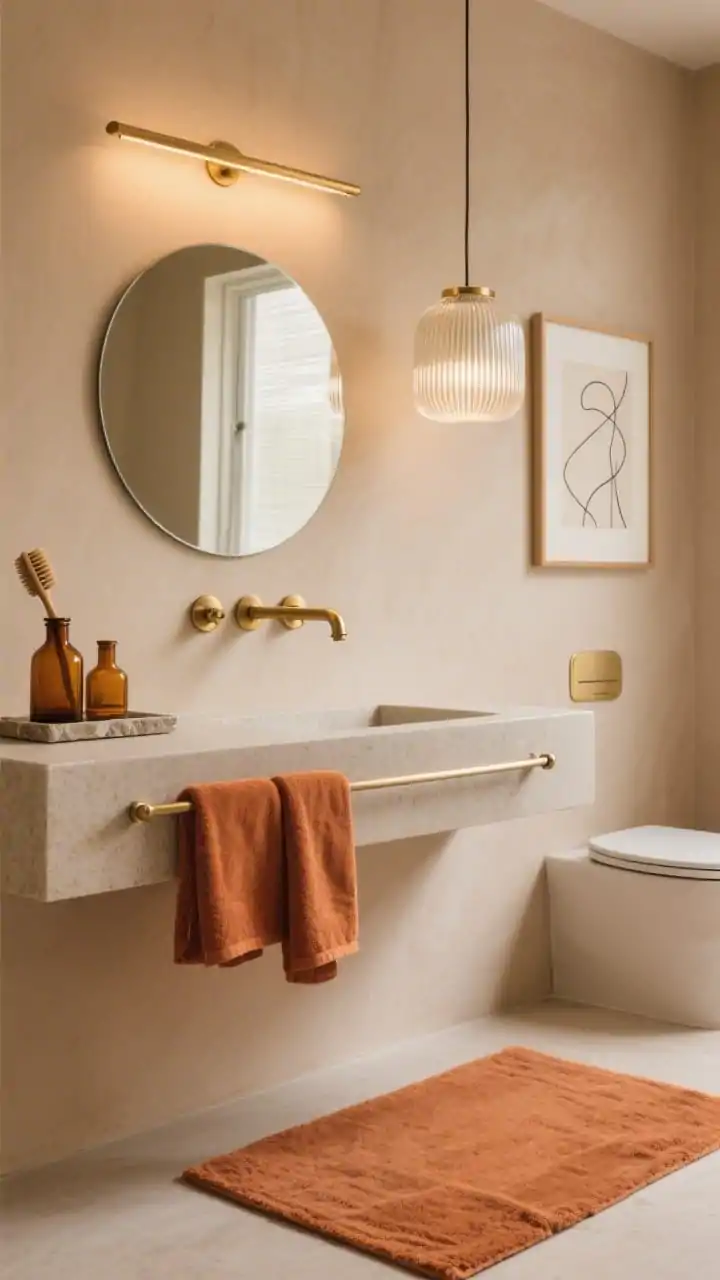 Medium shot, straight-on view of a Warm Minimalist bathroom vignette: warm sand-colored walls, terracotta bath mat on the floor with matching terracotta hand towels draped over brushed brass hardware; a frameless round mirror reflecting ambient glow; brushed brass faucet and brass knobs/T-pulls on a simple vanity; ribbed glass pendant or brass vanity bar above providing soft, warm illumination; countertop styling with a stone-look tray holding amber glass bottles and a wood-handled brush; modern neutral abstract line art framed on the wall.