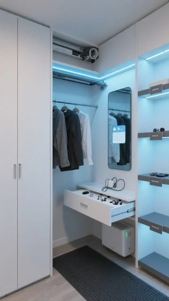 Medium shot, tech focus: Tech-savvy smart system closet built with white laminate panels and motion-activated LED rails under every shelf casting soft blue-tinted light. A compact smart mirror displays weather and calendar on the wall. Motorized top rods partially lowered with garments hanging; a narrow charging drawer open to reveal cord cutouts for watches, earbuds, and trackers. Shelves labeled with sleek magnetic tags; a slim dehumidifier tucked neatly under a lower shelf. Flooring is a rubber-backed, low-profile performance runner. Colors: white, charcoal, soft blue light. Photorealistic, no people.
