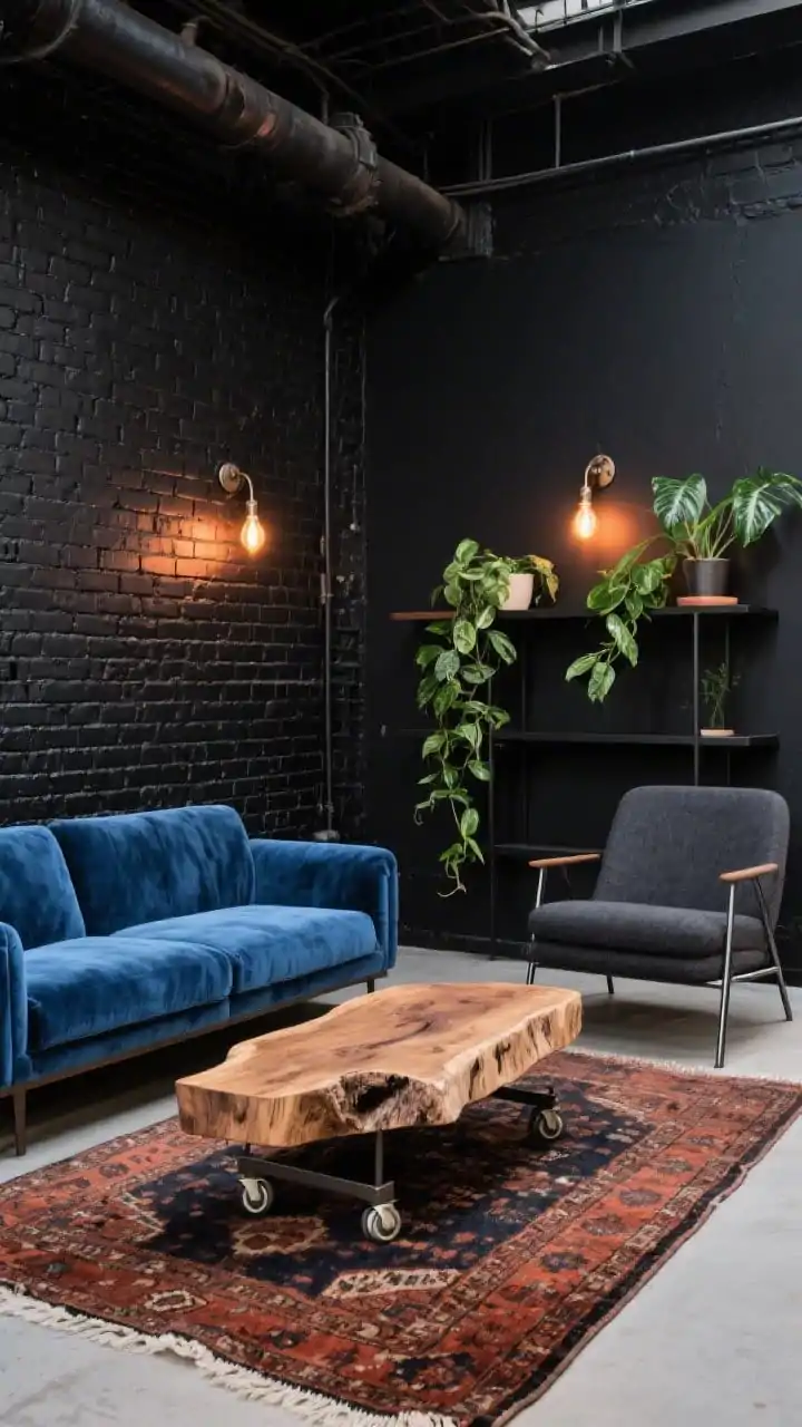 Medium shot, Urban Loft With Black Brick, Denim Velvet, And Industrial Glow: Exposed brick wall painted matte black as backdrop, lined with industrial sconces and warm Edison bulbs creating an amber glow. A denim-blue velvet sofa faces a charcoal wool armchair with metal legs; between them, a chunky live-edge coffee table on casters. A distressed kilim rug in rust and midnight hues grounds the seating. Include a black metal shelf styled with pothos, ZZ plant, and trailing philodendron for organic contrast. Palette: black brick, denim blue, rust, oiled metal; urban loft vibe; slightly elevated perspective.