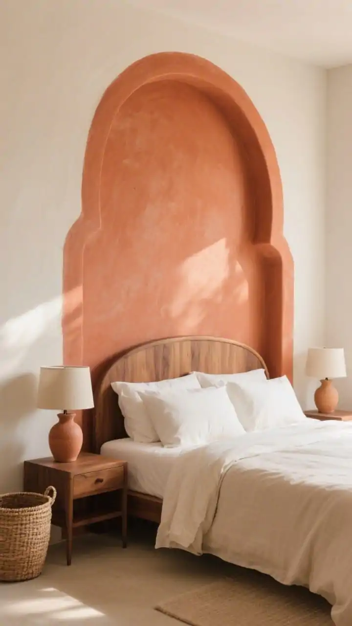 Medium shot with gentle side angle: a large painted terracotta arch on the back wall frames the bed and rises nearly to the ceiling. A curved walnut headboard mirrors the arch shape for curve-on-curve cohesion. Creamy bedding with a putty linen duvet, sand-toned ceramic table lamps on nightstands, a terracotta planter, and a woven wall basket nearby. Palette: terracotta, cream, walnut, sand. Warm afternoon light emphasizing color and texture.
