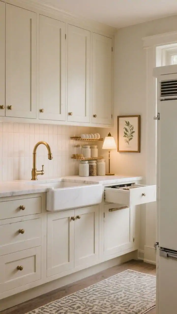 Medium “Soft Heritage Scandi”: ivory Shaker cabinets, creamy quartz counters, slim rectangular backsplash tiles in a vertical stack; aged brass knobs, aged brass bridge faucet; petite library light illuminating a framed botanical print; ribbed glass canisters, plate rack, slim spice drawer, hidden appliance garage door slightly ajar; muted patterned runner on the floor; gentle, timeless glow with warm ambient lighting; no people.