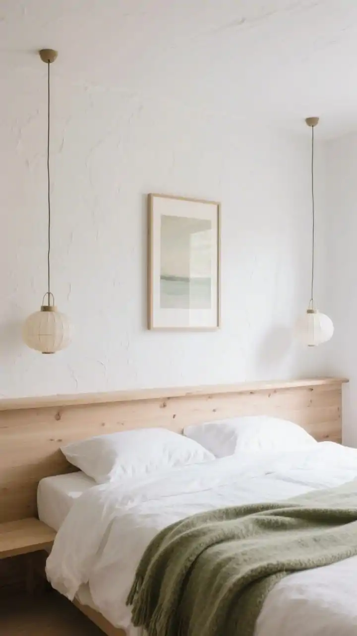 Medium, straight-on Scandinavian-inspired scene: hand-troweled limewash/plaster back wall in warm white with gentle mottling. A continuous low-profile pale oak headboard-shelf spans the room width, creating symmetry. Off-white bedding, a muted sage wool throw draped at the foot, and two paper lantern pendants hanging in place of table lamps. A single oversized framed print in soft tones rests casually on the shelf. Palette: warm white, pale oak, soft sage. Soft daytime natural light.