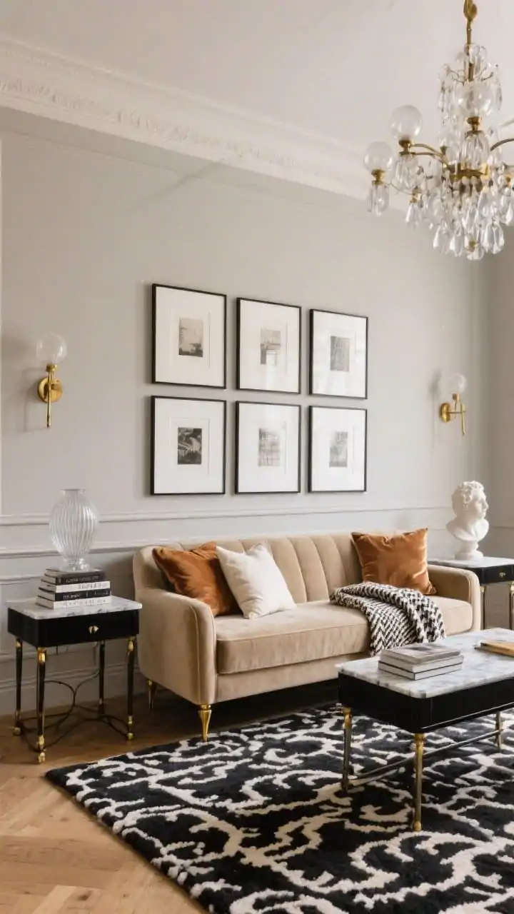 Medium straight-on shot, Parisian Classic: A tailored beige velvet sofa with slim arms and brass-capped legs centered against greige walls with simple molding; a black-and-cream wool rug in a classic pattern grounds the scene; matching black metal side tables topped with marble flank the sofa; black-framed gallery art with slim white mats arranged above for crisp contrast; accents include a fluted glass vase, stacked coffee table books, and a petite bust sculpture; silk or satin pillows in caramel and ivory and a herringbone throw draped neatly; brass sconces and a statement chandelier with clear globes cast warm, elegant light; palette of beige, greige, black, brass; refined, minimal, photorealistic.